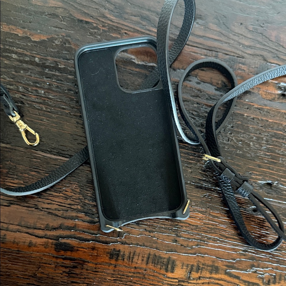 BANDOLIER Black Leather Phone Case with Crossbody Strap